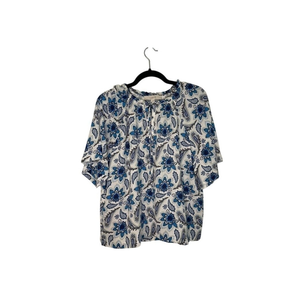 LOFT Women's Blouse Medium Blue Floral Paisley Print Short Sleeve Top NWT